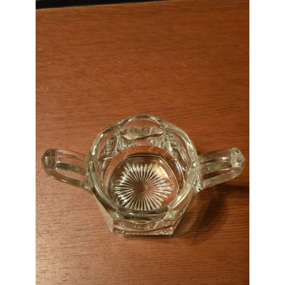 Vintage Pressed Glass Sugar Bowl Double Handle Scalloped Sunburst Hexagon Base